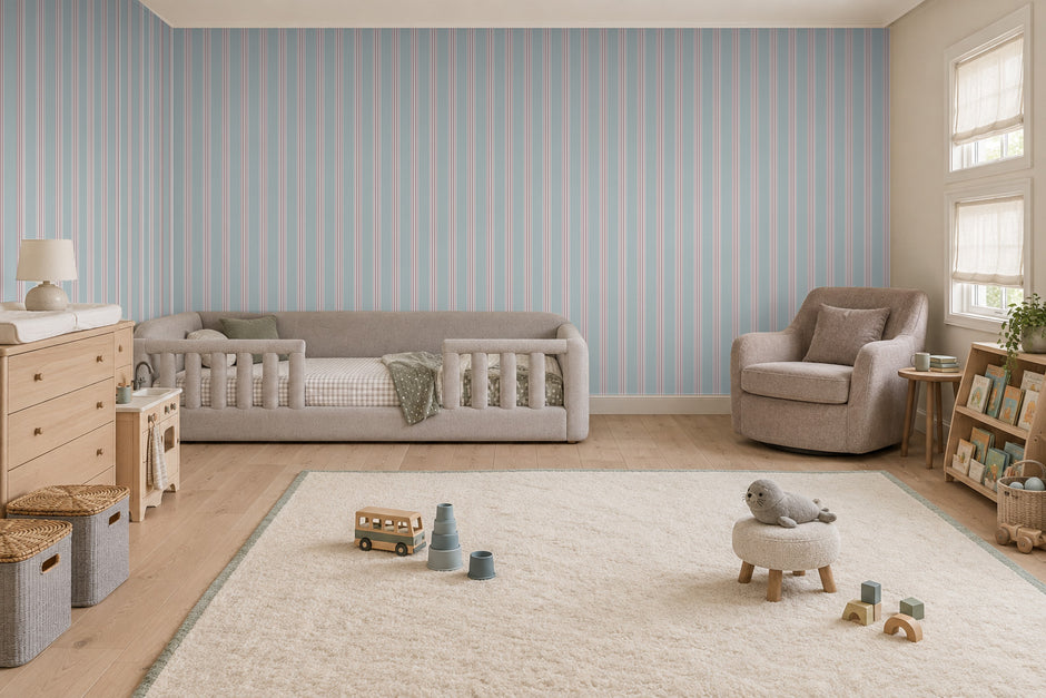 Burgundy & Dusty Blue Stripe Wallpaper Mural; stripes wrapping onto the side wall in a teen room | Craft Paper Co