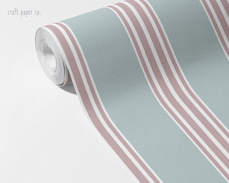 Burgundy & Dusty Blue Stripe Wallpaper Mural; burgundy and blue stripes on an unrolled roll | Craft Paper Co