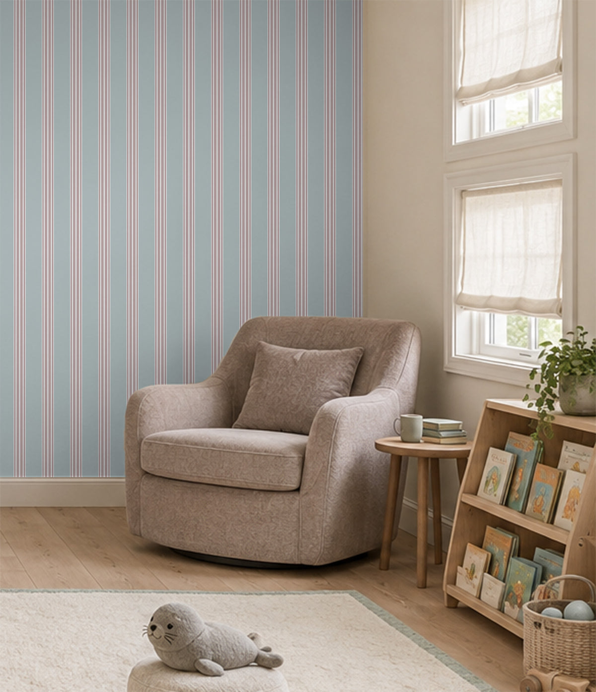 Burgundy & Dusty Blue Stripe Wallpaper Mural; close-up of the stripes in front of a taupe armchair | Craft Paper Co