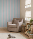 Burgundy & Dusty Blue Stripe Wallpaper Mural; close-up of the stripes in front of a taupe armchair | Craft Paper Co