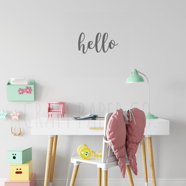 Yazı Sticker Çocuk Odası Duvar Sticker; beyaz çalışma masasının üstünde duvarda el yazısı hello yazısı | Craft Paper Co
